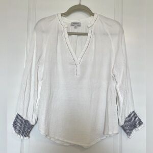 Evereve White Blouse with navy stitch and smocking